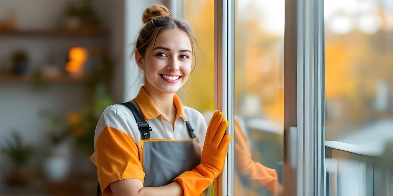 Cleaning specialist smiling beside freshly detailed apartment windows in a bright New York home
